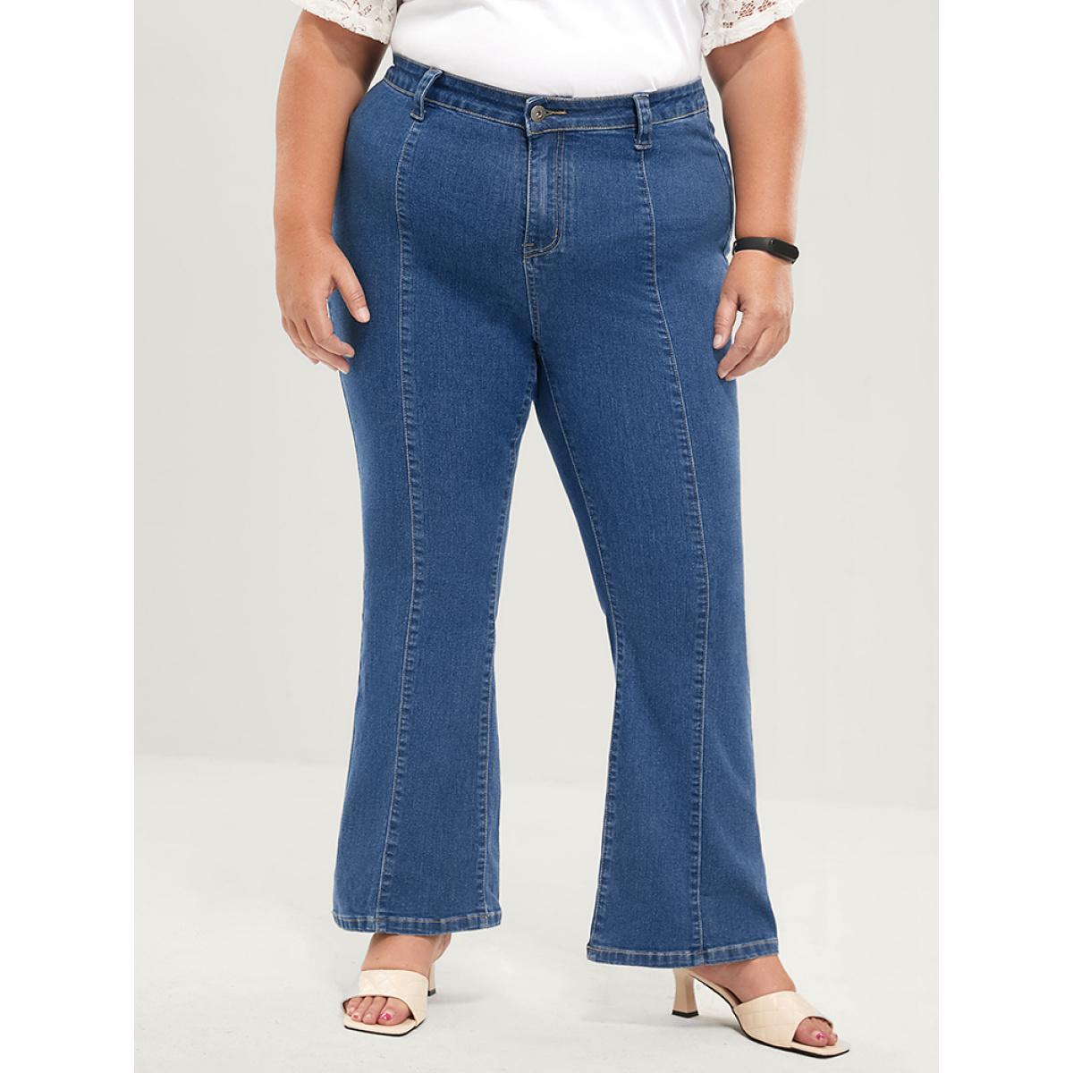 Plus Size Flare Leg Very Stretchy Mid Rise Medium Wash Jeans Women Blue Elegant Plain Patchwork High stretch Pocket Jeans BloomChic 20/2X Product Image