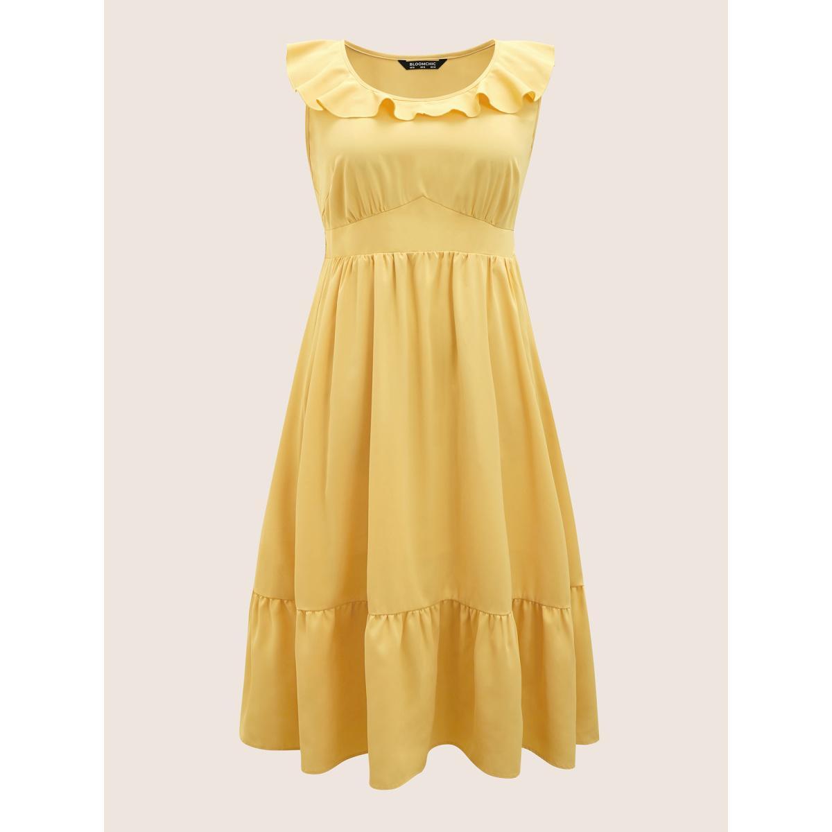 Plus Size Plain Shirred Ruffle Trim Sleeveless Dress Lightyellow Women Elegant U-neck Sleeveless Curvy BloomChic 18-20/2X Product Image