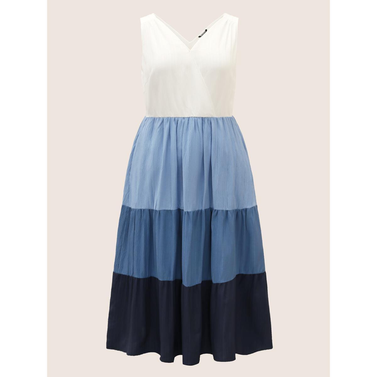Plus Size Colorblock Contrast Ruffle Layered Hem Dress Blue Women Casual Overlapping V-neck Sleeveless Curvy BloomChic 12/L Product Image