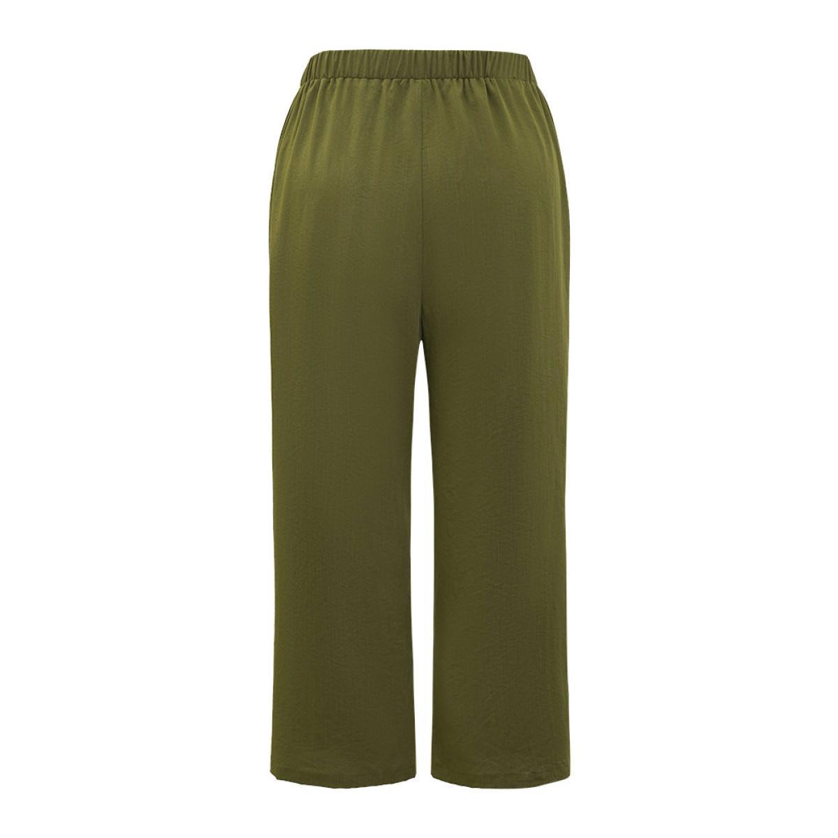Plus Size Plain Pocket Elastic Waist Pompom Detail Split Pants Women ArmyGreen Elegant Mid Rise Dailywear Pants BloomChic 26/4X Product Image