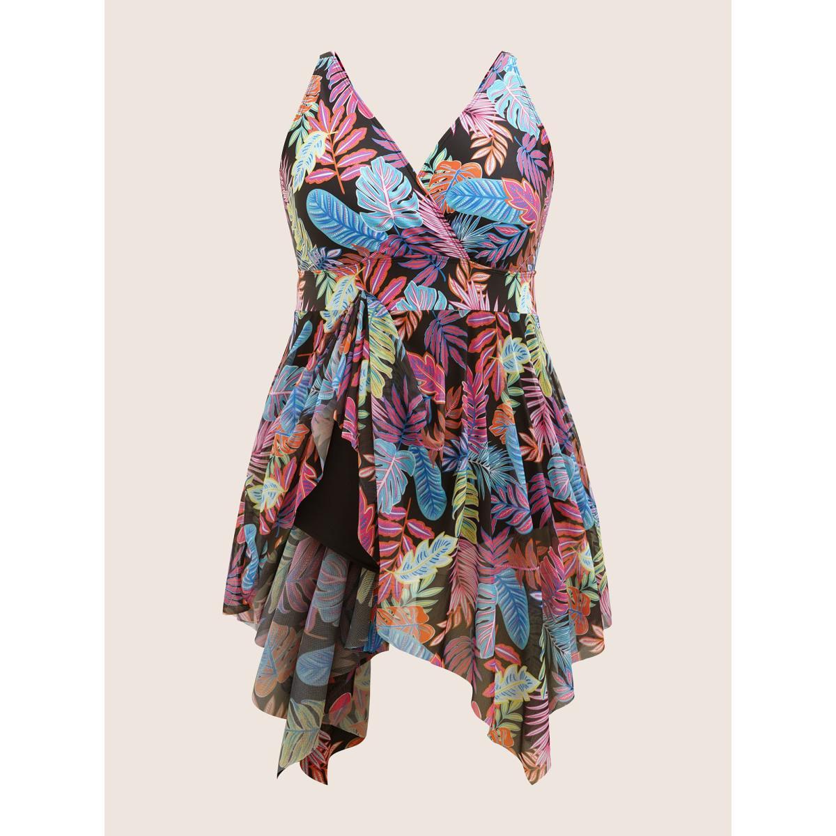 Plus Size Tropical Print Overlap Collar Hanky Hem Swim Dress Women's Swimwear Black Beach Bodycon Overlap Collar High stretch Curve Swim Dresses BloomChic 12/L Product Image