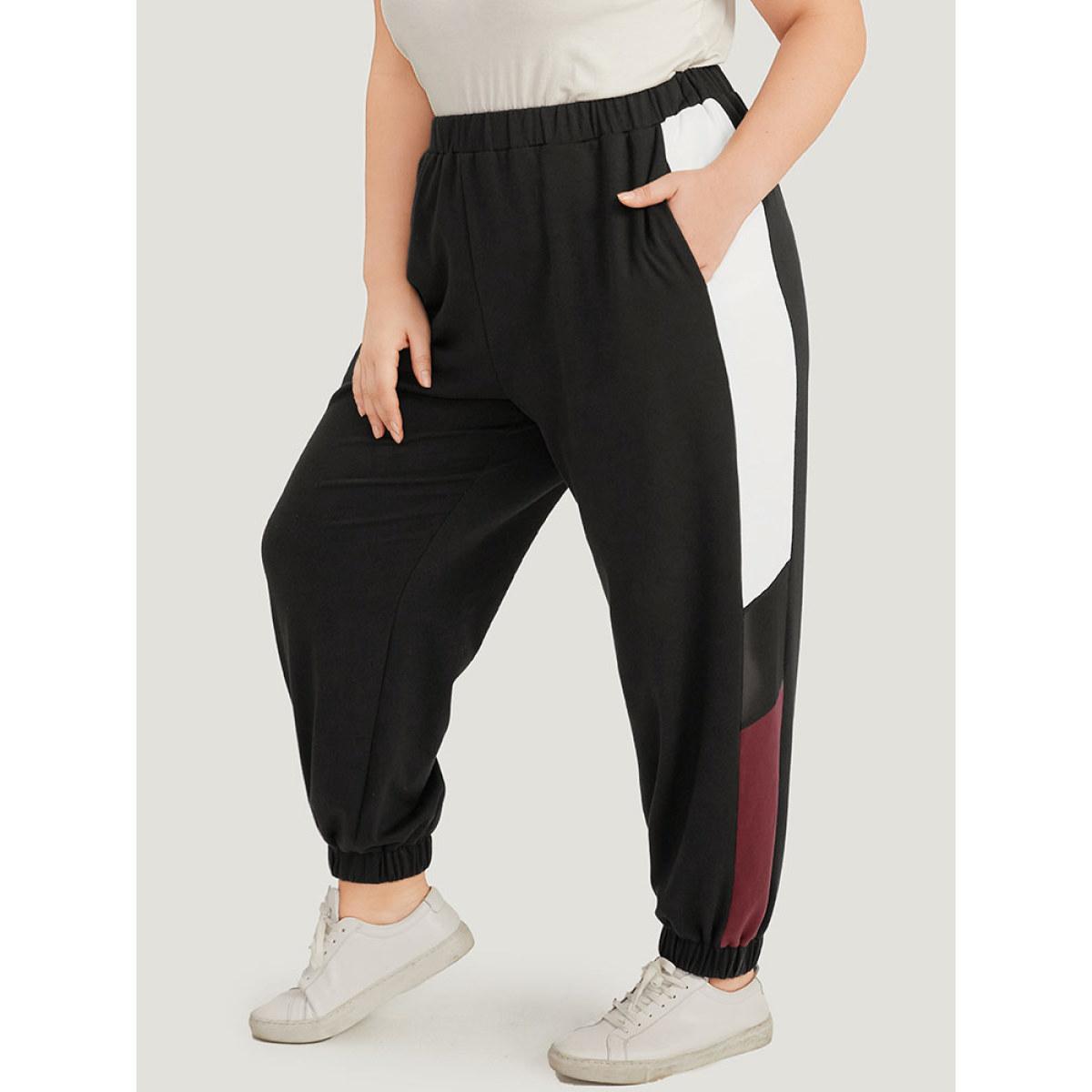 Contrast Patchwork Pocket Elastic Waist Carrot Sweatpants Black Plus Size Women Casual Dailywear Contrast 10/M Bloomchic Product Image