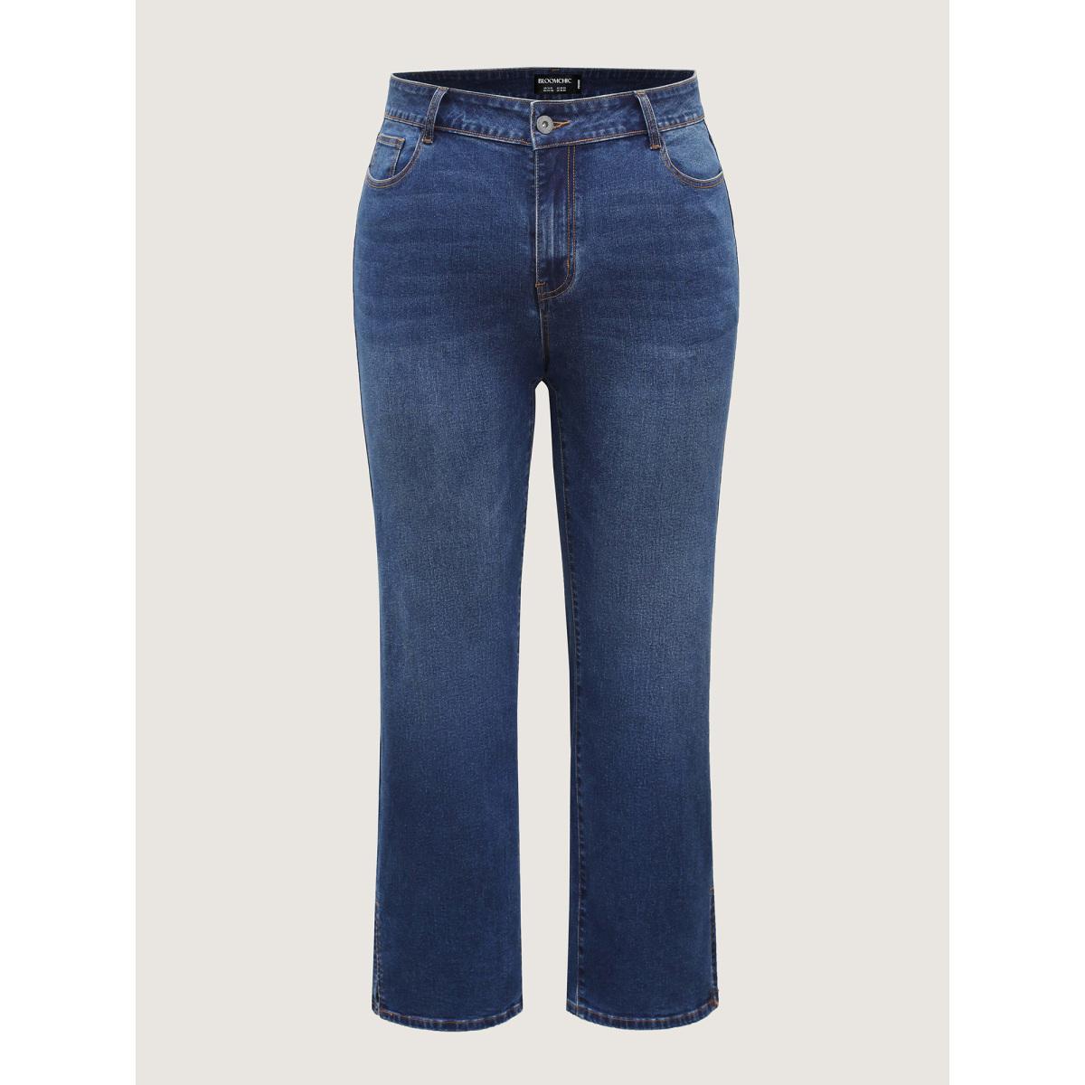 Plus Size Vintage Split Hem Straight-Leg Jeans Women Denimblue High stretch Slanted pocket Jeans BloomChic 20/2X Product Image