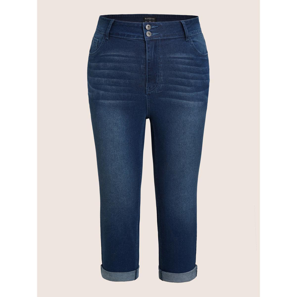 Plus Size Bodycon Roll Hem Medium Wash Jeans Women Blue Casual Plain Non High stretch Slanted pocket Jeans BloomChic 30/6X Product Image