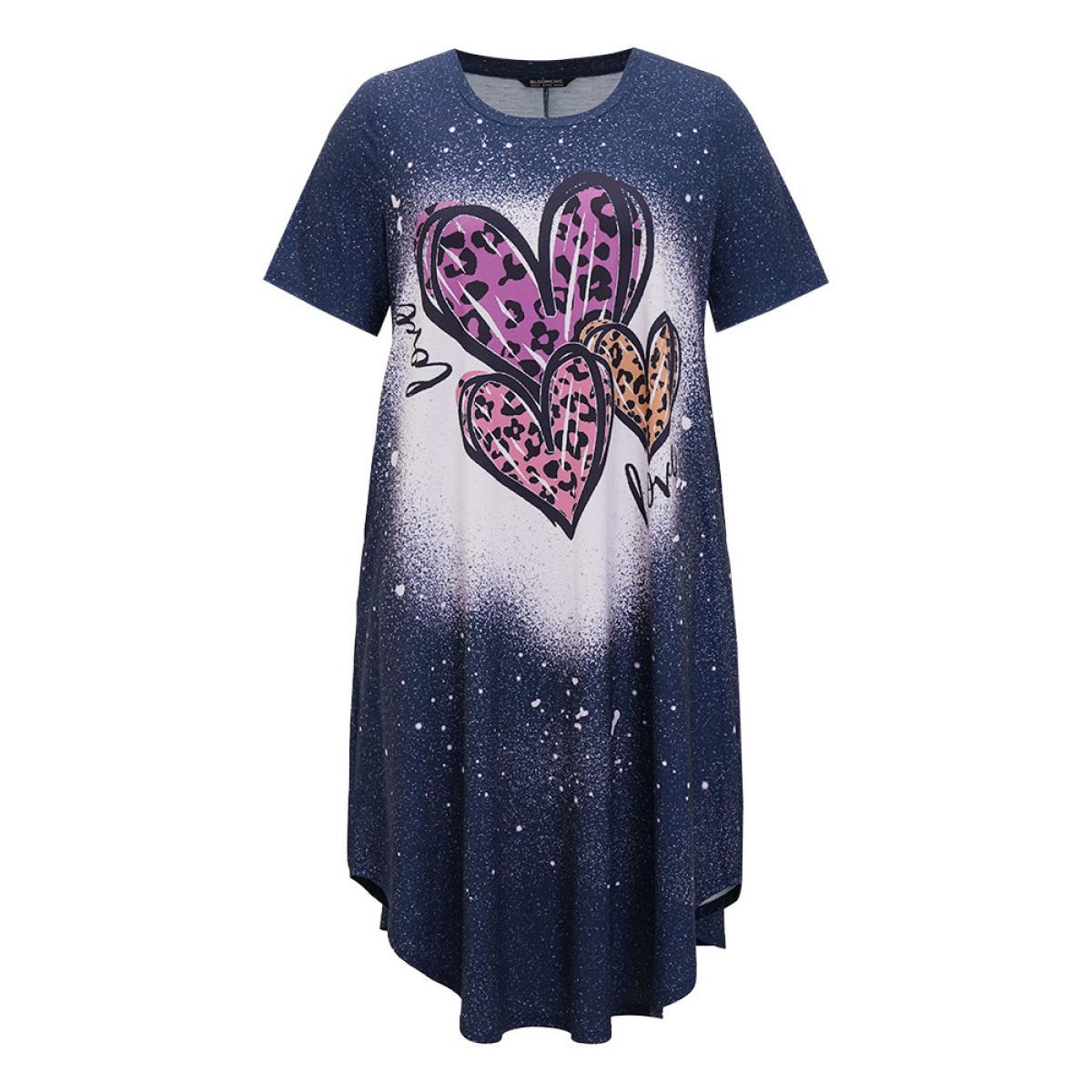 Plus Size Leopard Heart Print Pocket Arc Hem Graphic Tee Dress Stone Women Casual Printed Round Neck Short sleeve Curvy Midi Dress BloomChic 18-20/2X Product Image