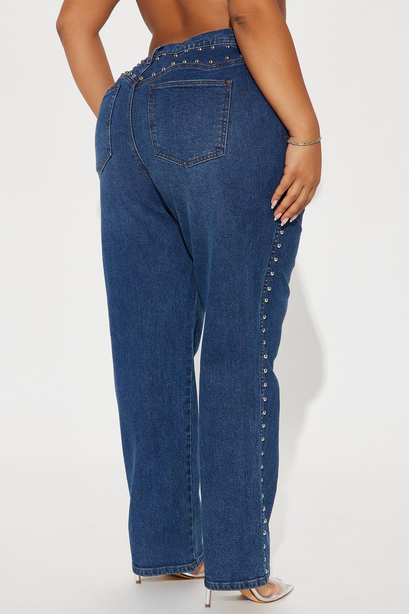 For Keeps Studded Straight Leg Jeans - Medium Wash Product Image