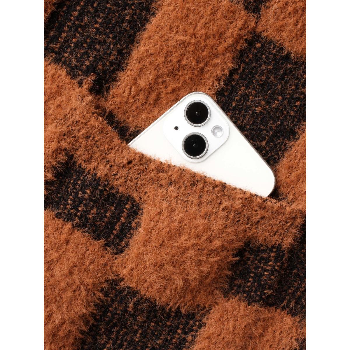 Plus Size Plaid Fluffy Patched Pocket Cardigan Yellowishbrown Women Casual Loose Long Sleeve Everyday Cardigans BloomChic 28/5X Product Image