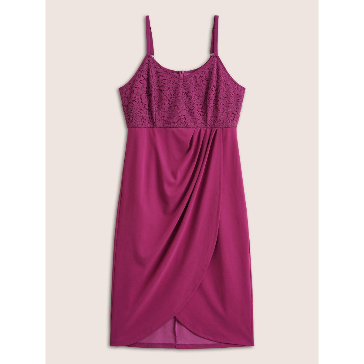 Plus Size Lace Insert Plicated Detail Zipper Cami Dress RedViolet Women Elegant Adjustable Straps Spaghetti Strap Sleeveless Curvy Midi Dress BloomChic 26/4X Product Image