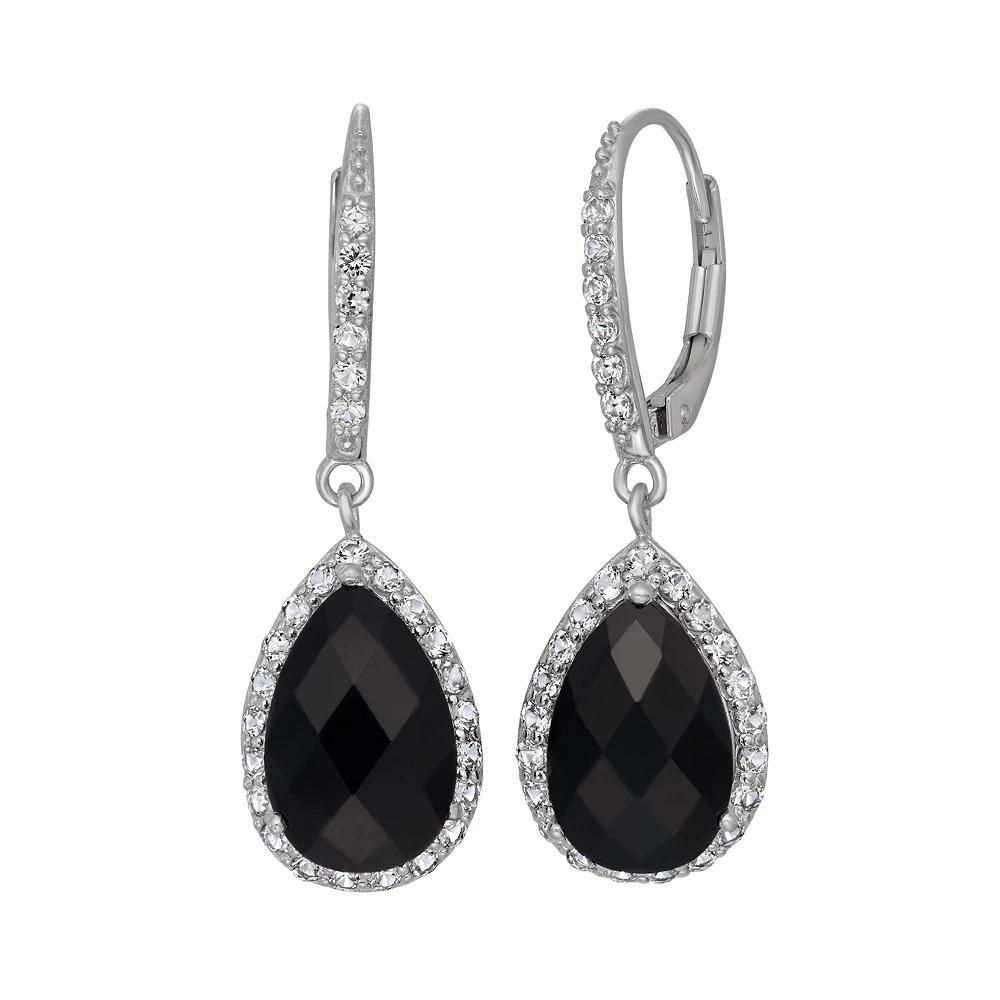 Onyx and Lab-Created White Sapphire Sterling Silver Halo Teardrop Earrings, Women's, Multi Product Image