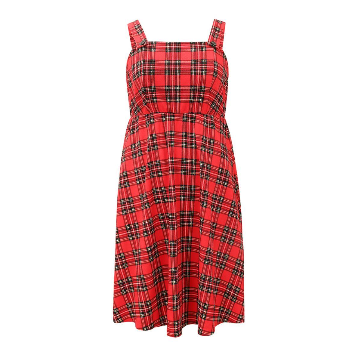 Plus Size Plaid Button Up Adjustable Straps Dress Red Women Casual Adjustable Straps Spaghetti Strap Sleeveless Curvy Midi Dress BloomChic 18-20/2X Product Image