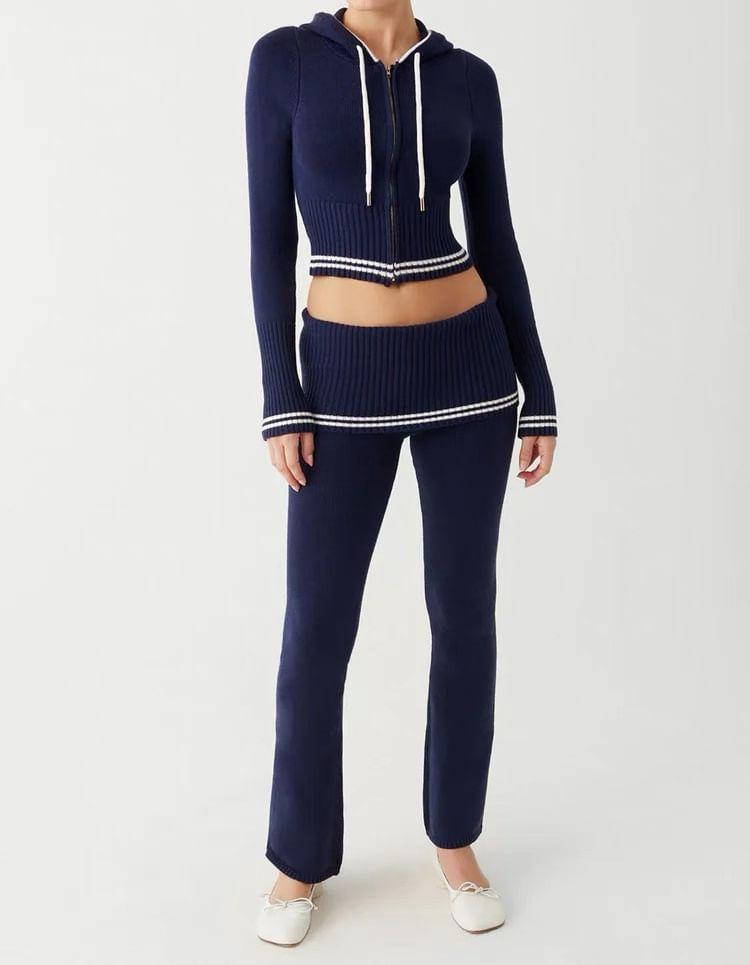 Hooded Contrast Trim Zip Cardigan / Mid Rise Plain Flared Pants Product Image
