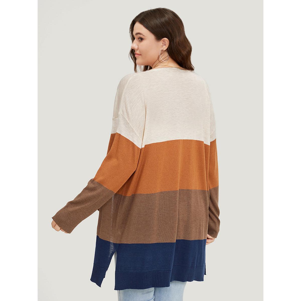 Plus Size Supersoft Essentials Colorblock Contrast Pocket Split Side Cardigan Bronze Women Casual Loose Long Sleeve Everyday Cardigans BloomChic 30/6X Product Image