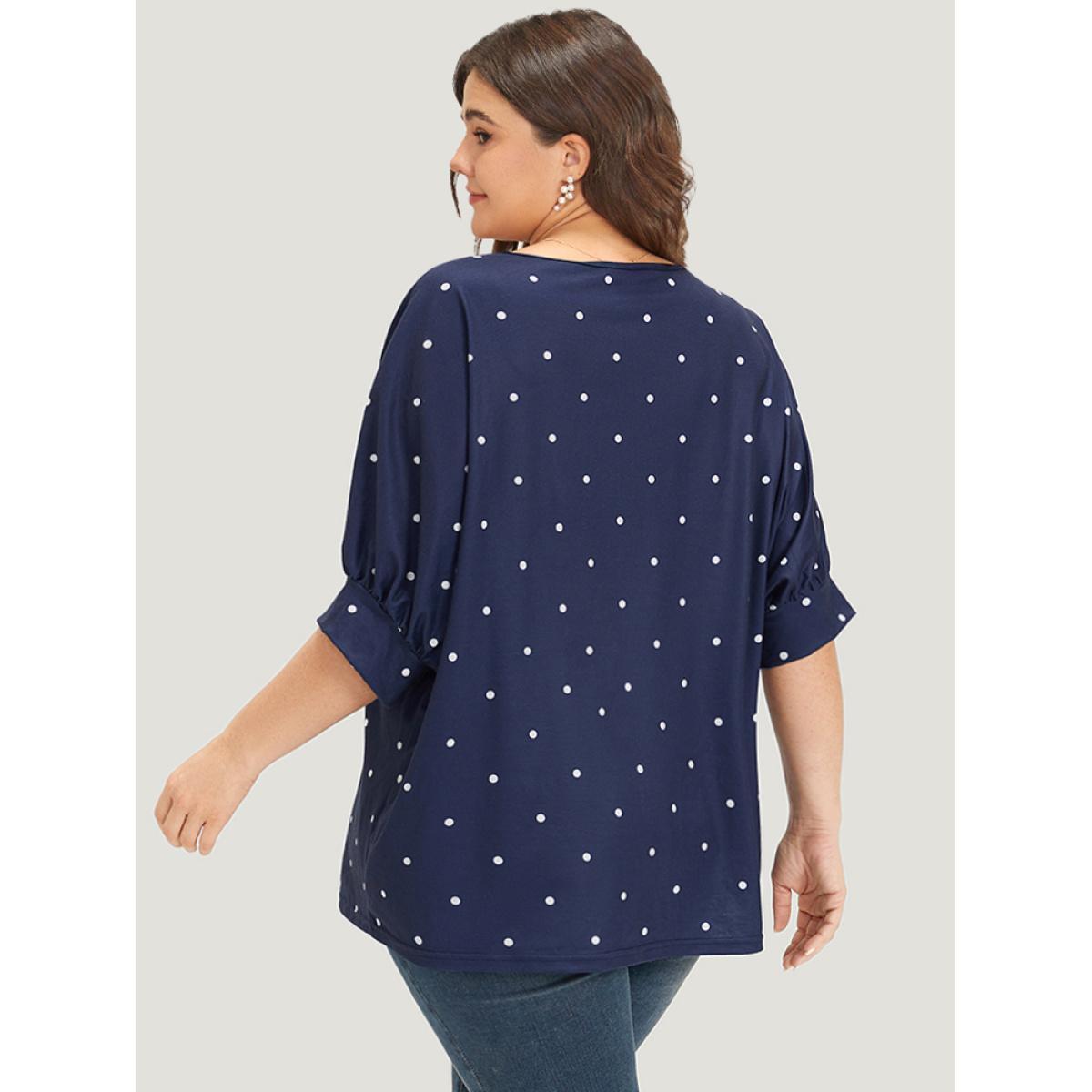 Plus Size Polka Dot V Neck Lantern Sleeve T-shirt Indigo Women Elegant Elastic cuffs Polka Dot V-neck Dailywear T-shirts BloomChic 30/6X Product Image