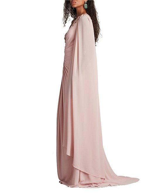 Tadashi Shoji One Shoulder Embroidered Lace Trim Capelet Sleeve Chiffon Sheath Gown Product Image