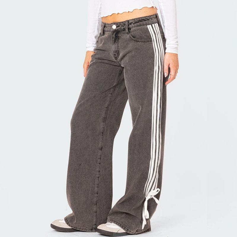 High Waist Washed Striped Bow Accent Straight-Fit Wide-Leg Jeans Product Image