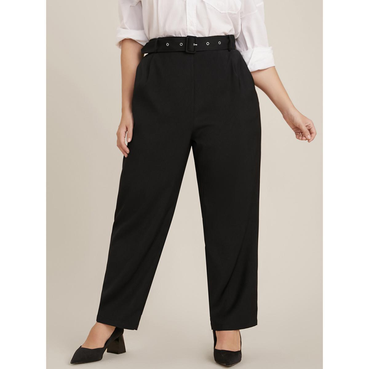 Plus Size Solid Mid Rise Pocket Belted Pants Women Black Office Mid Rise Work Pants BloomChic 10/M Product Image