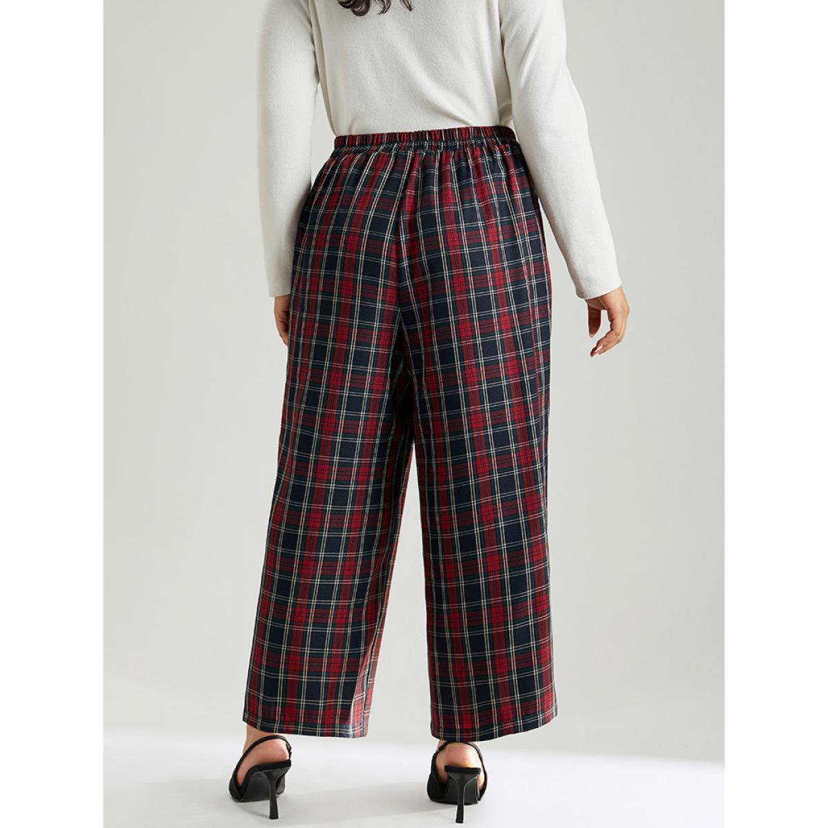 Plus Size Plaid Elastic Waist Pocket Straight Leg Pants Women Multicolor Elegant Straight Leg High Rise Festival-Christmas Pants BloomChic 18-20/2X Product Image