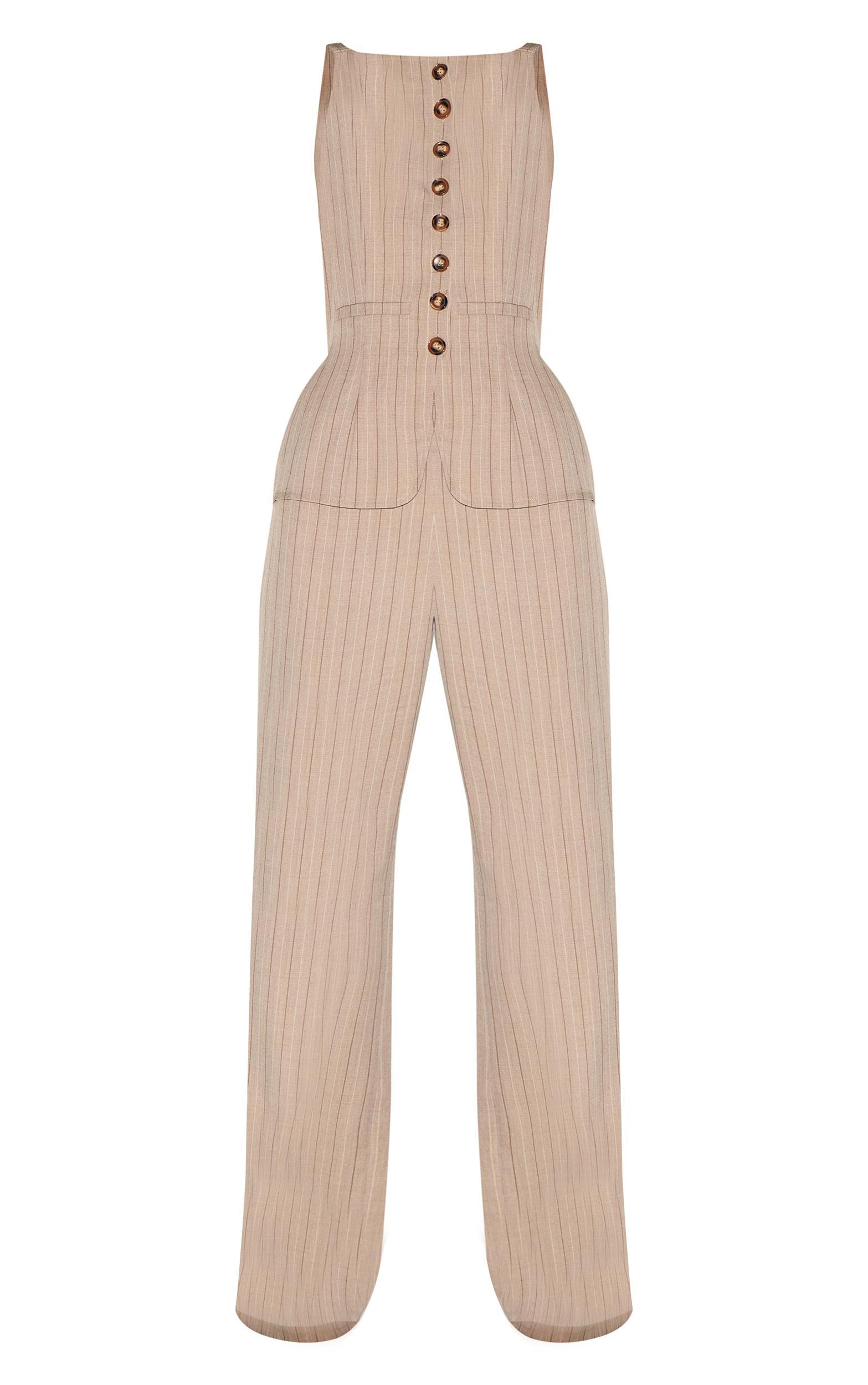 Brown Pinstripe Linen Button Down Peplum Hem Jumpsuit Product Image