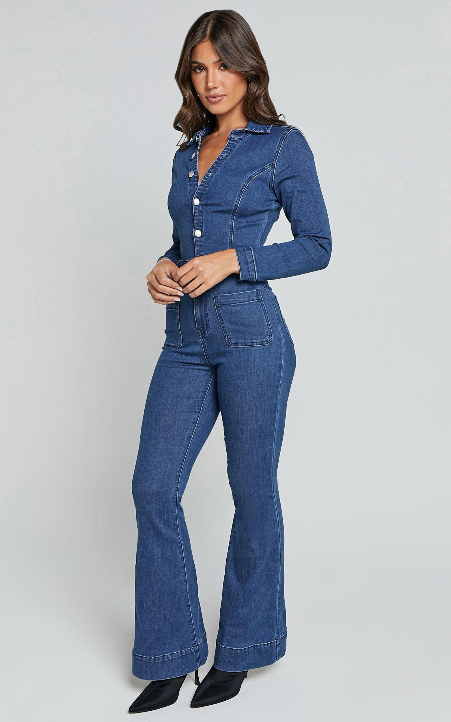 Vivi Jumpsuit - Button Front Wide Leg Denim Jumpsuit in Indigo Wash Product Image