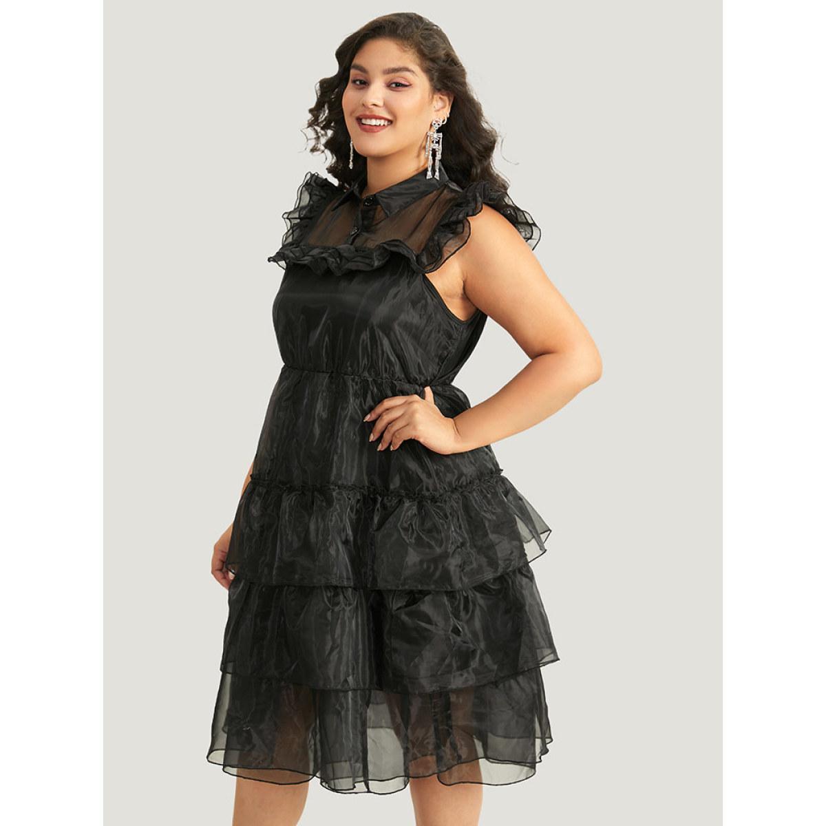 Plus Size Halloween Solid Mesh Layered Ruffle Wednesday Dress Black Women Glamour See through Shirt collar Sleeveless Curvy Midi Dress BloomChic 26/4X Product Image