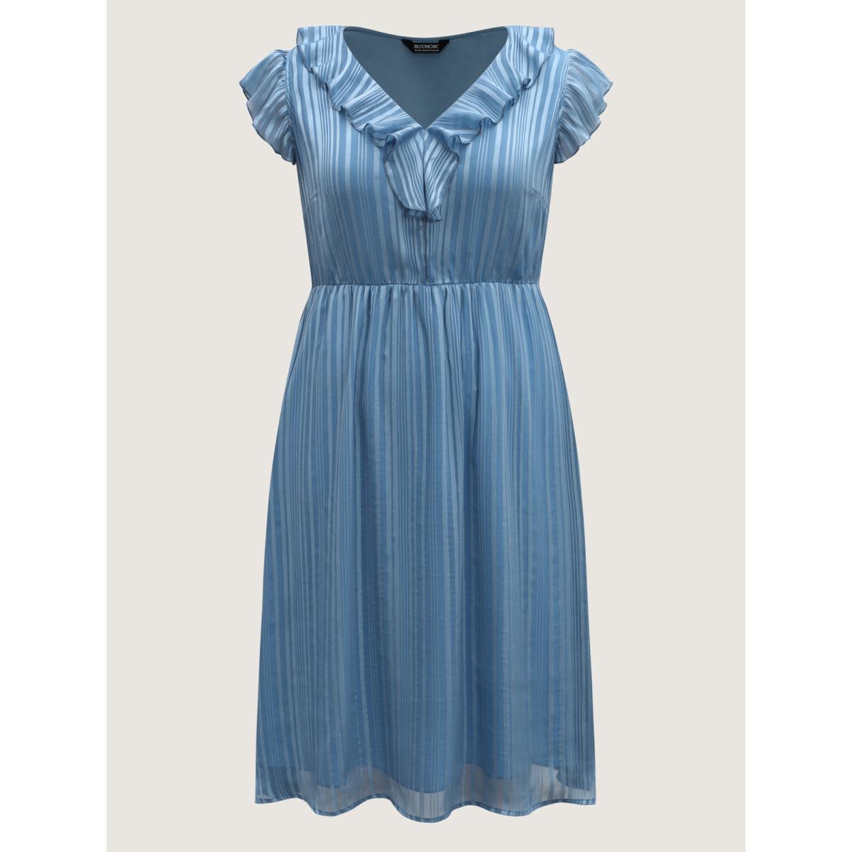 Plus Size Textured Stripe Ruffled Neck Midi Dress Stone Women V-neck Cap Sleeve Curvy BloomChic 22-24/3X Product Image