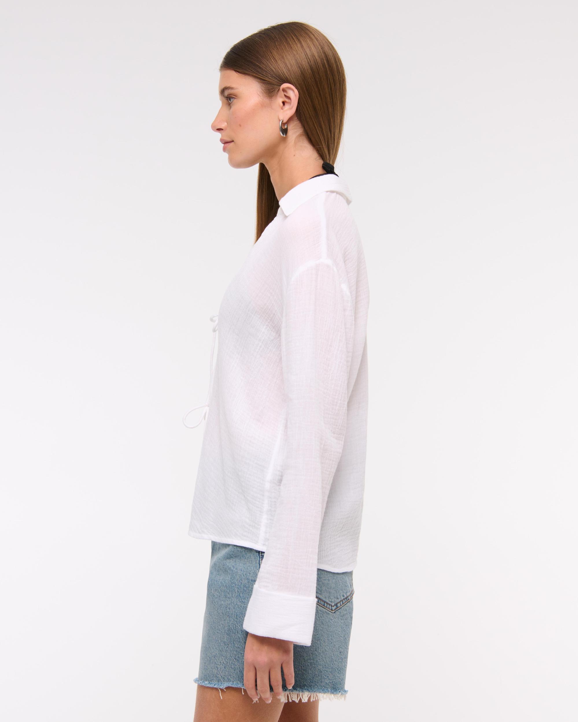 Long-Sleeve Oversized Tie-Front Gauzy Shirt Product Image