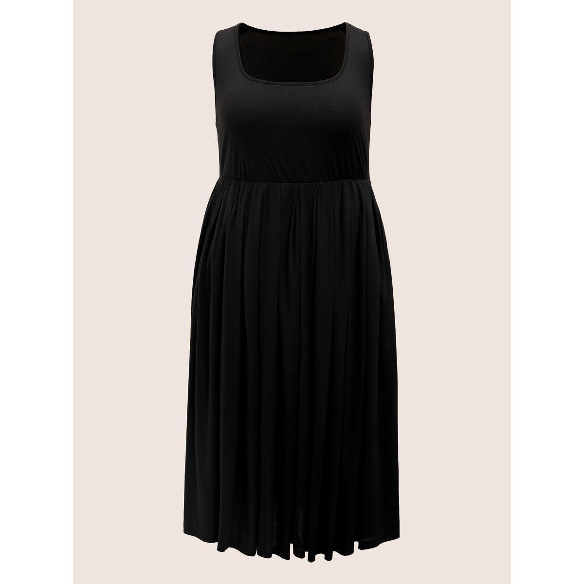 Plus Size Supersoft Essentials Solid Gathered Tank Dress Black Women Basics Non U-neck Sleeveless Curvy Midi Dress BloomChic 26/4X Product Image