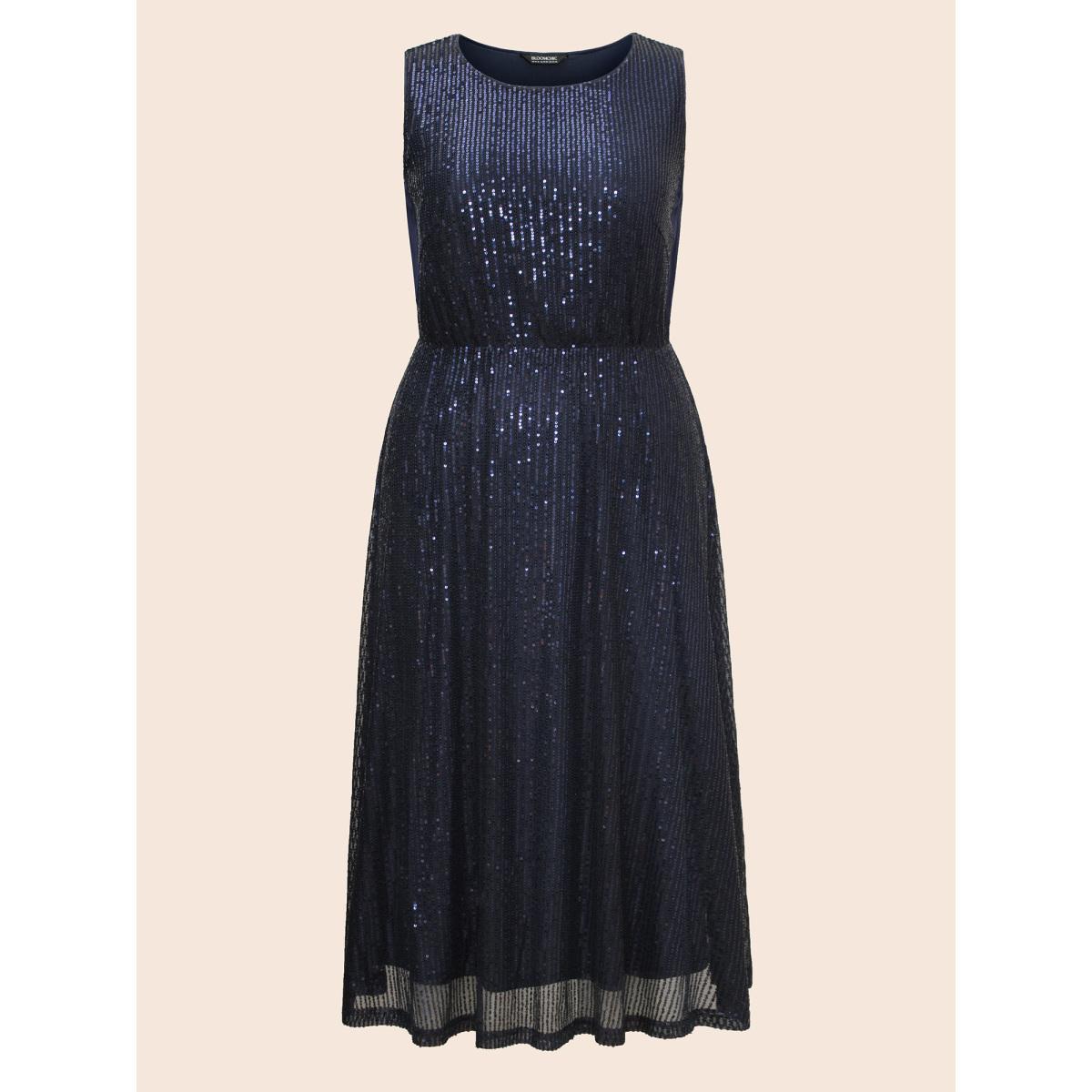 Plus Size Round Neck Sequin Mesh Tank Dress Midnight Women Cocktail Texture Round Neck Sleeveless Curvy BloomChic 26/4X Product Image