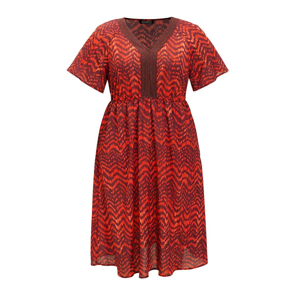 Plus Size Water Ripple Pocket Ruffle Sleeve Lace Dress Scarlet Women Elegant Gathered V-neck Short sleeve Curvy Midi Dress BloomChic 28/5X Product Image