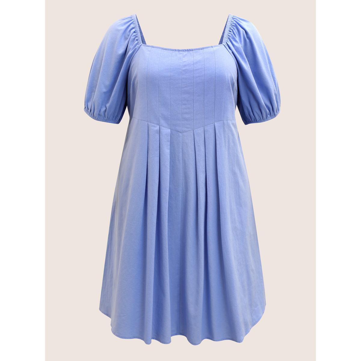 Plus Size Square Neck Plain Pleated Puff Sleeve Dress Stone Women Casual Square Neck Short sleeve Curvy BloomChic 18-20/2X Product Image