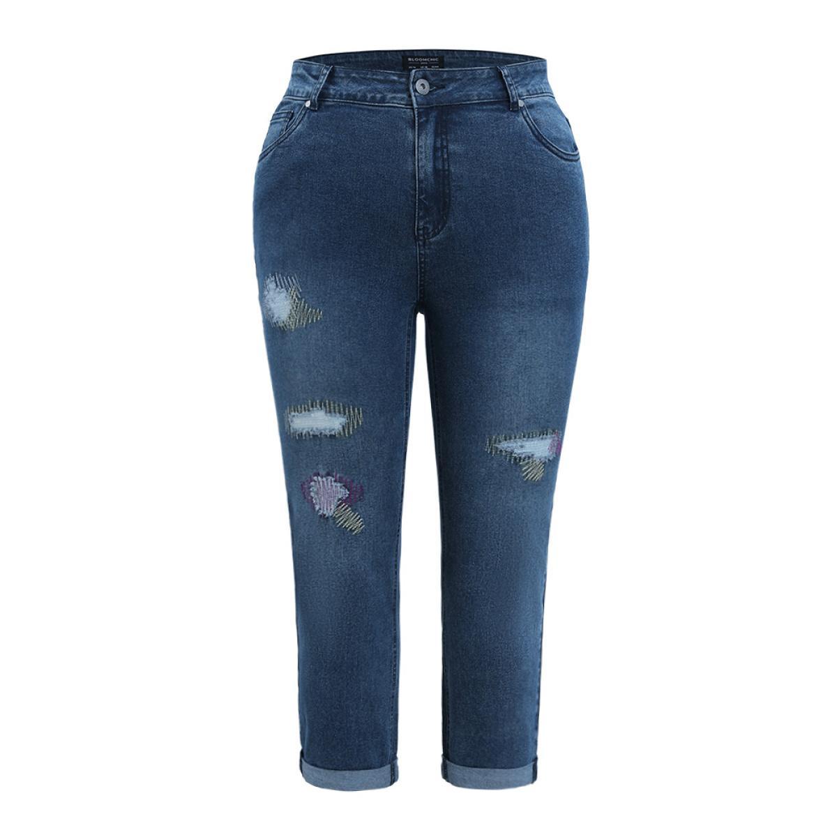 Plus Size Ripped Embroidered Roll Hem Very Stretchy Jeans Women Stone Casual Plain Distressed High stretch Pocket Jeans BloomChic 26/4X Product Image