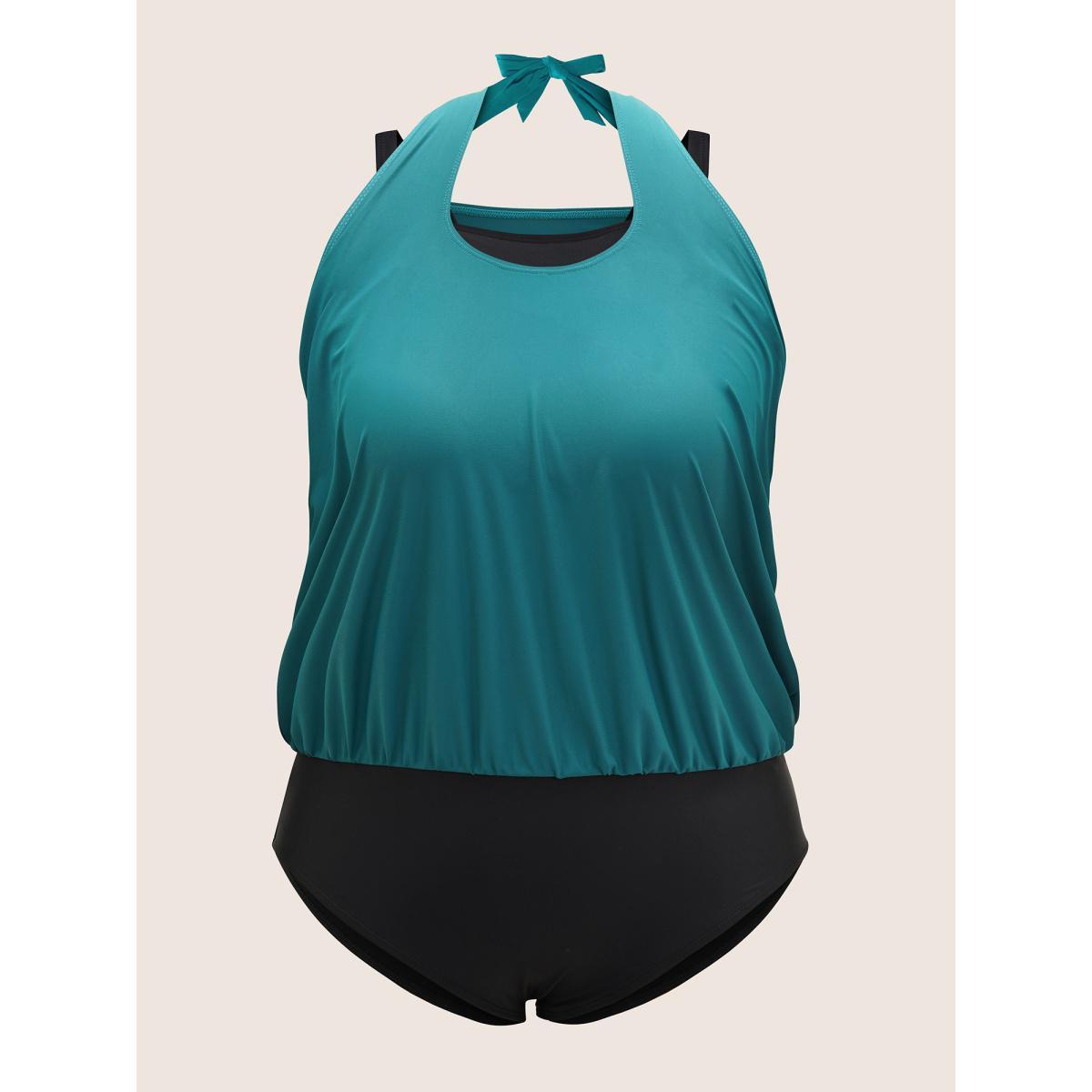 Plus Size Contrast Halter Bowknot Patchwork One Piece Swimsuit Women's Swimwear Teal Beach Non Curve Bathing Suits High stretch One Pieces BloomChic 10/M Product Image