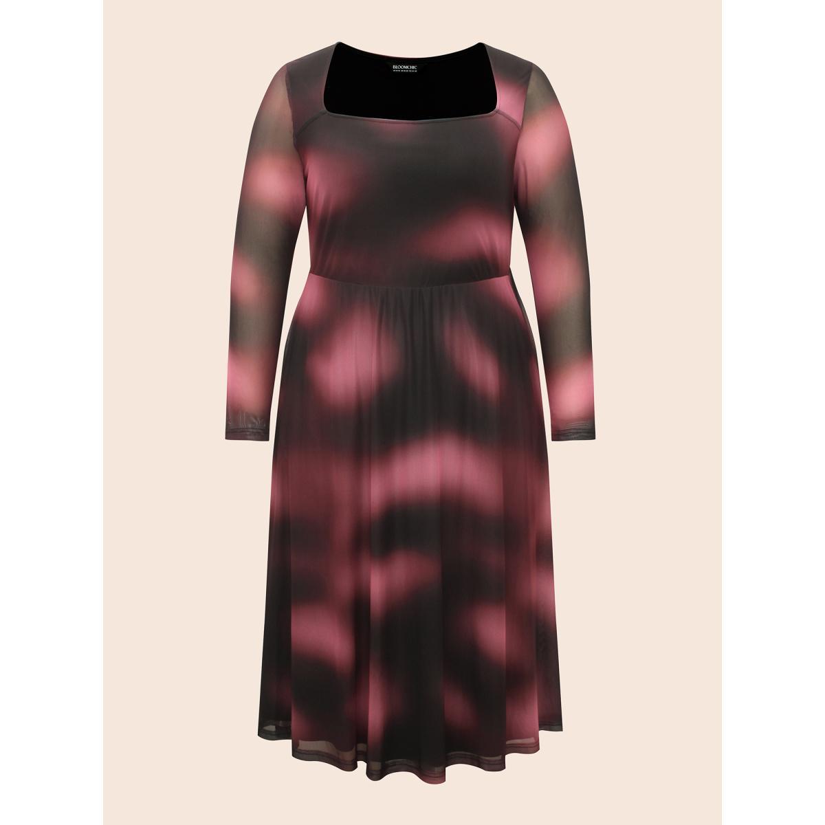 Plus Size Square Neck Gradient Dyeing Mesh Dress Eggplant Women Cocktail Texture Party Curvy Bloomchic 12/L Product Image