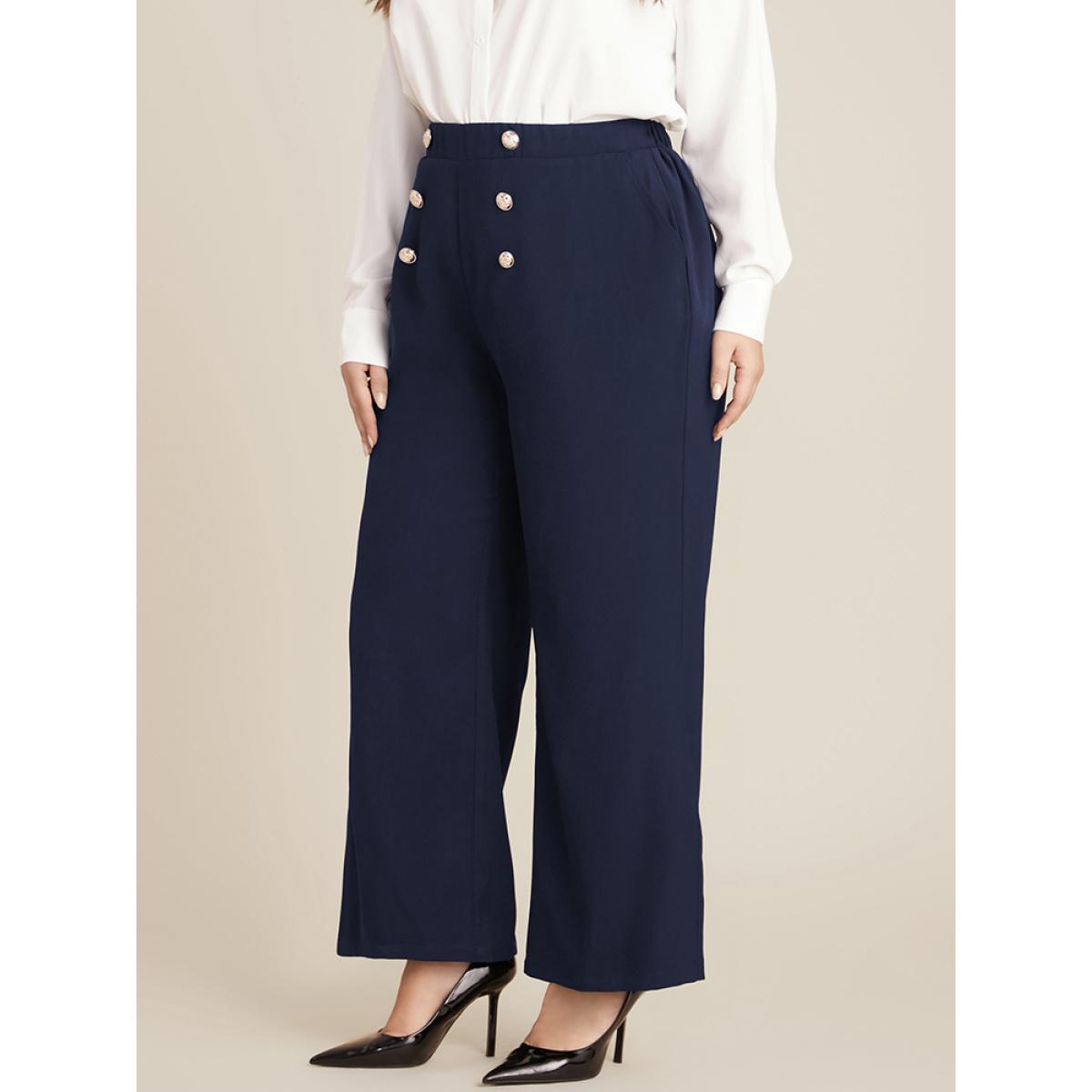 Plus Size Solid Elastic Waist Pocket Button Detail Pants Women Midnight Office Mid Rise Work Pants BloomChic 18-20/2X Product Image