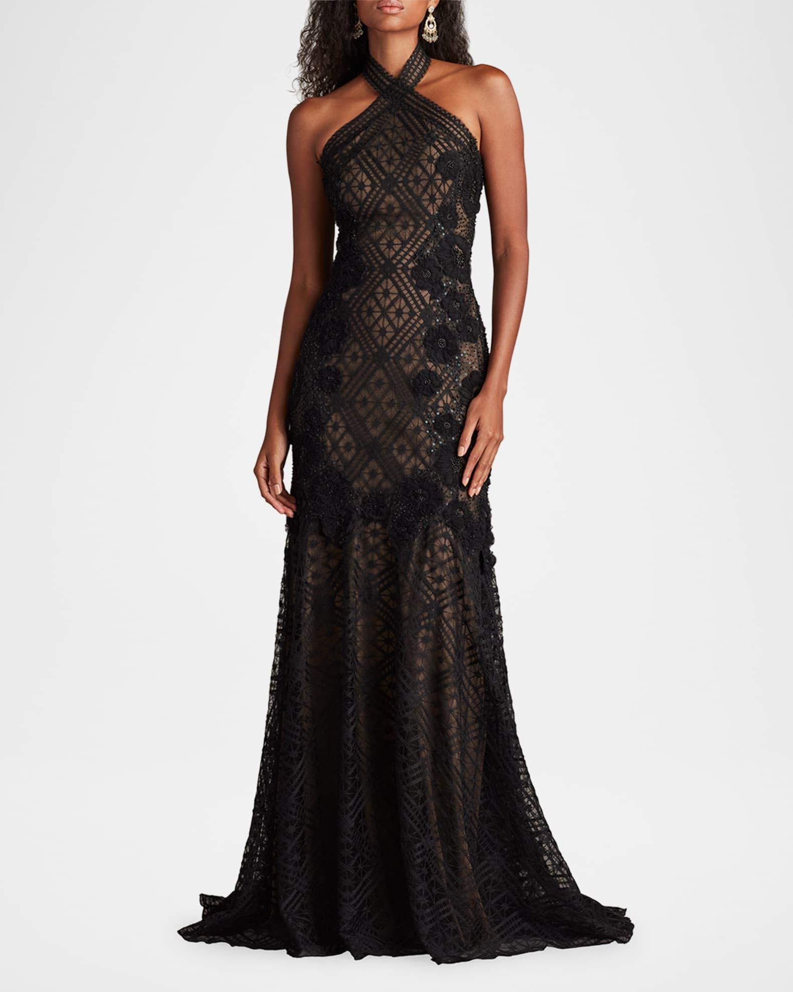 Beaded Floral Applique Lace Halter Gown Product Image
