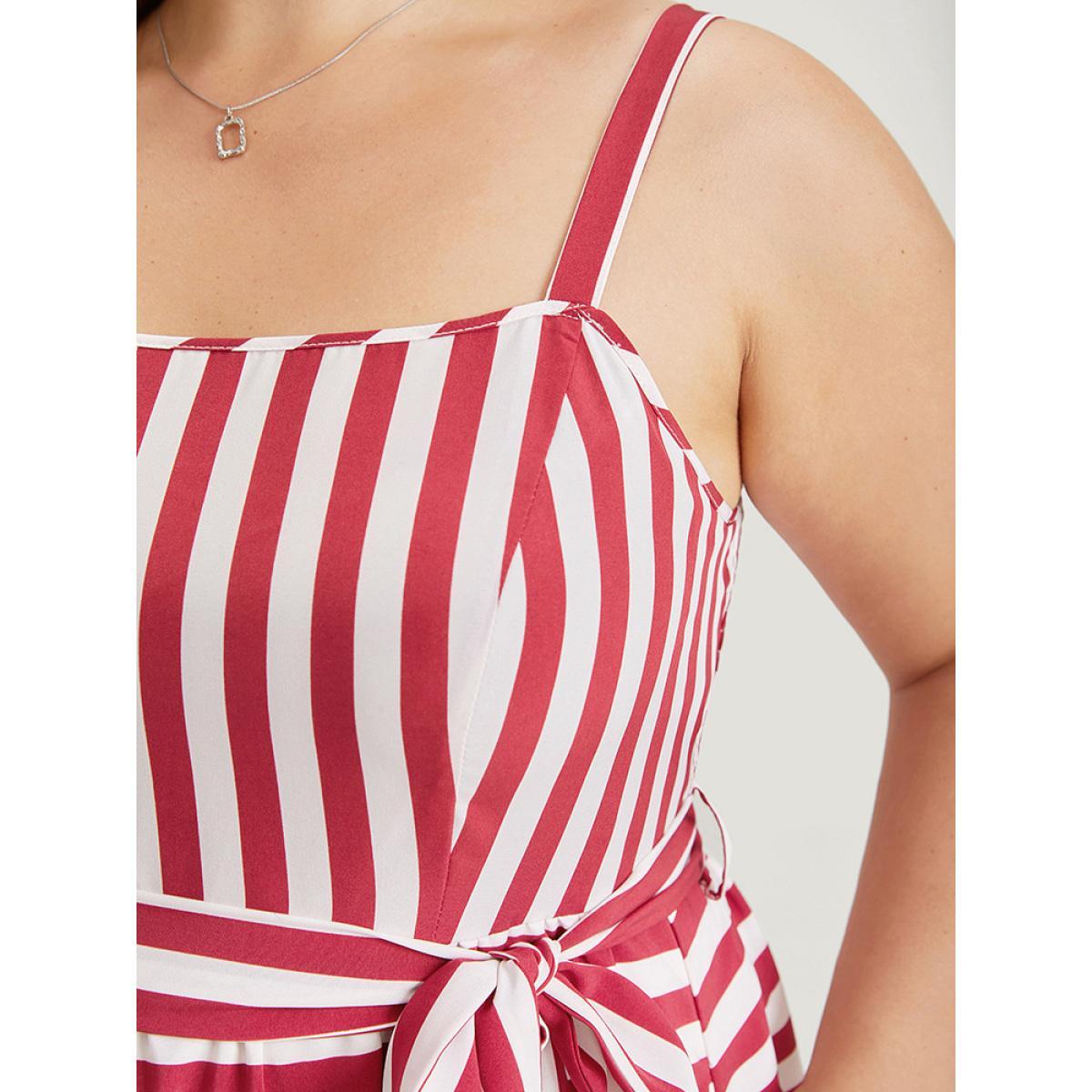 Plus Size Striped Print Belted Ruffle Layered Hem Cami Dress Scarlet Women Office Adjustable Straps Spaghetti Strap Sleeveless Curvy Midi Dress BloomChic 14-16/1X Product Image