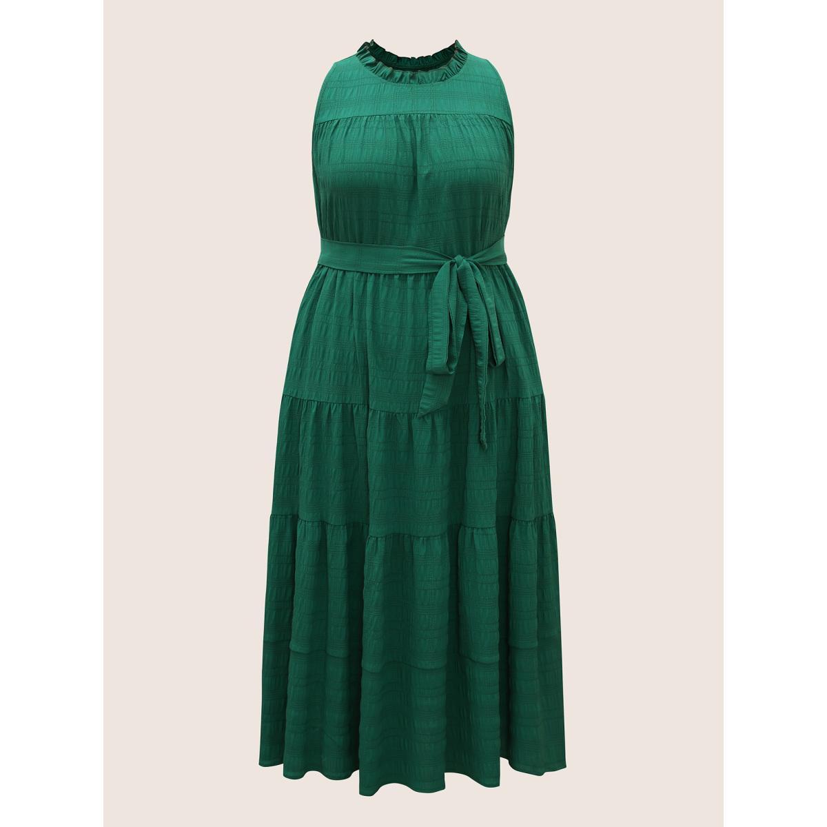 Plus Size Plain Textured A-line Frill Trim Dress Emerald Women Resort Texture Mock Neck Sleeveless Curvy BloomChic 30/6X Product Image