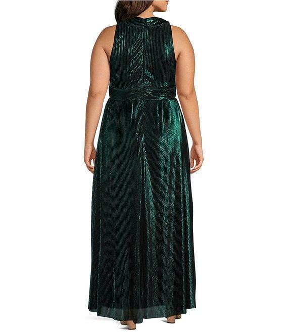Marina Plus Size Halter V-Neck Sleeveless Foil Pleated Gown Product Image