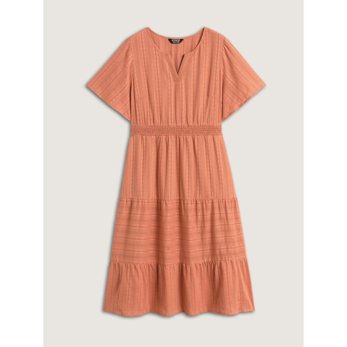 Plus Size Pure Cotton Solid Textured Shirred Midi Dress Coral Women Notched collar Short sleeve Curvy BloomChic 18-20/2X Product Image