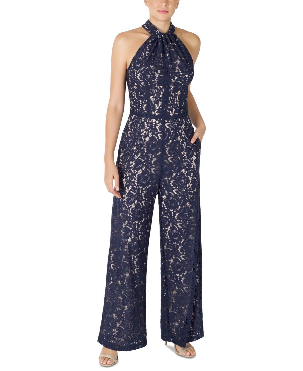 julia jordan Womens Lace Twist-Neck Wide-Leg Jumpsuit - Ivory Product Image