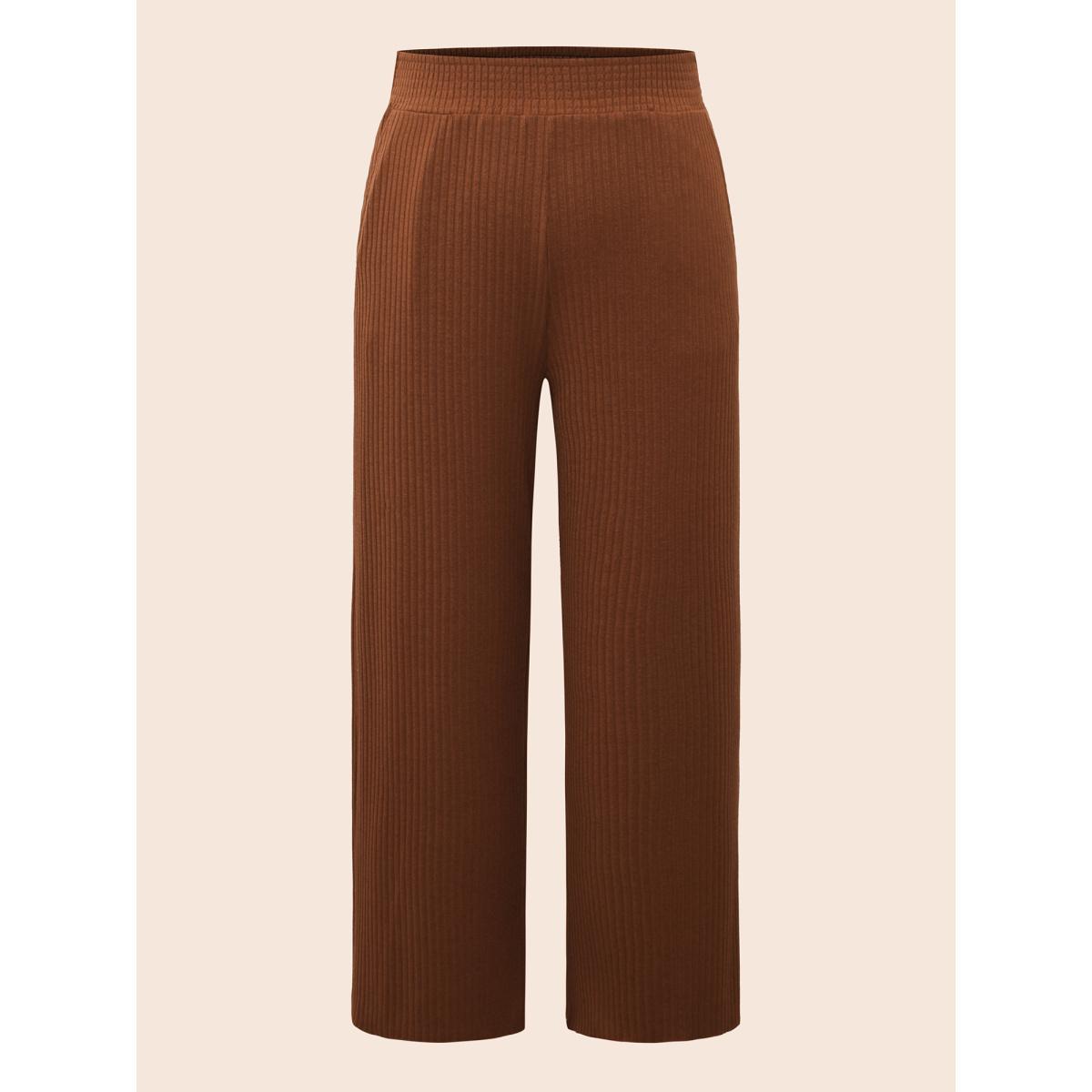 Plus Size Textured Mid Rise Wide Leg Pants Women Yellowishbrown Casual Wide Leg Mid Rise Everyday Pants BloomChic 10/M Product Image