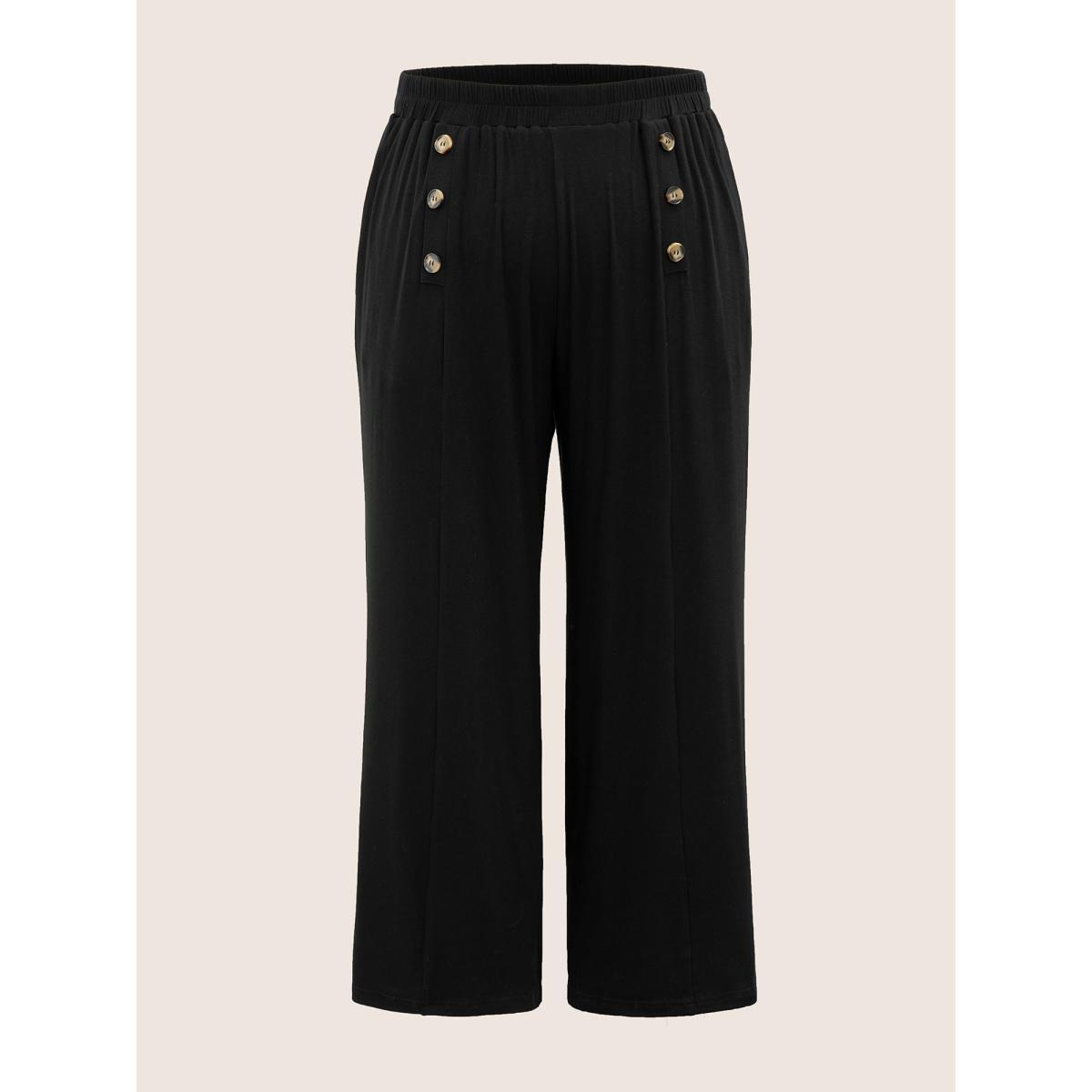 Plus Size Supersoft Essentials Button Detail Wide Leg Pants Women Black Elegant Wide Leg High Rise Everyday Pants BloomChic 12/L Product Image