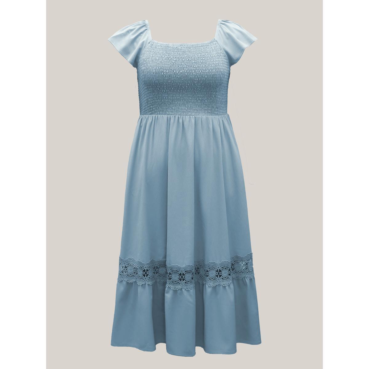 Plus Size Shirred Stretchy Waist Lace Trim Midi Dress Skyblue Women Elegant Woven ribbon&lace trim Square Neck Sleeveless Curvy BloomChic 18-20/2X Product Image