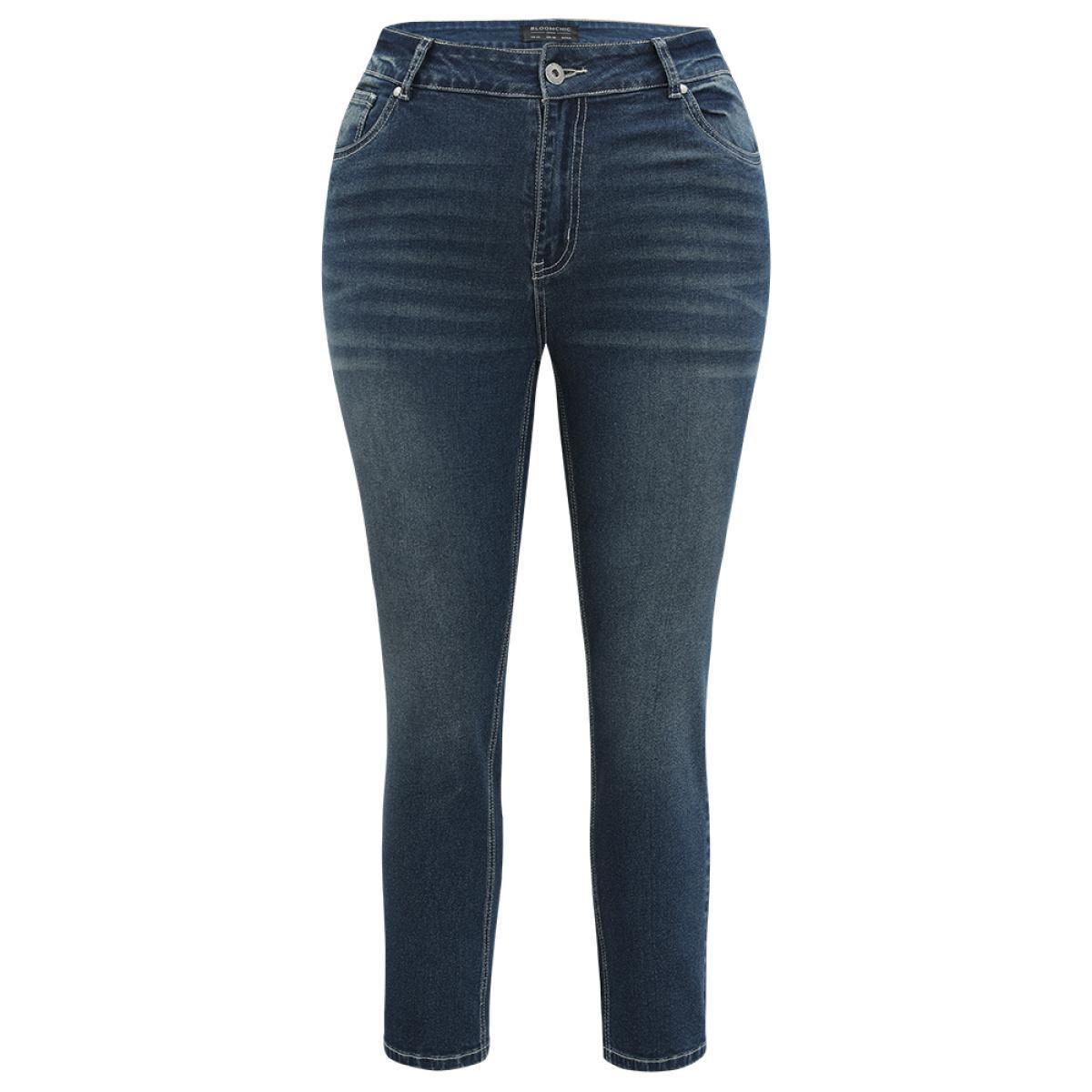 Plus Size Solid High Rise Pocket Dark Wash Jeans Women Midnight Casual Plain Plain High stretch Pocket Jeans BloomChic 22/3X Product Image