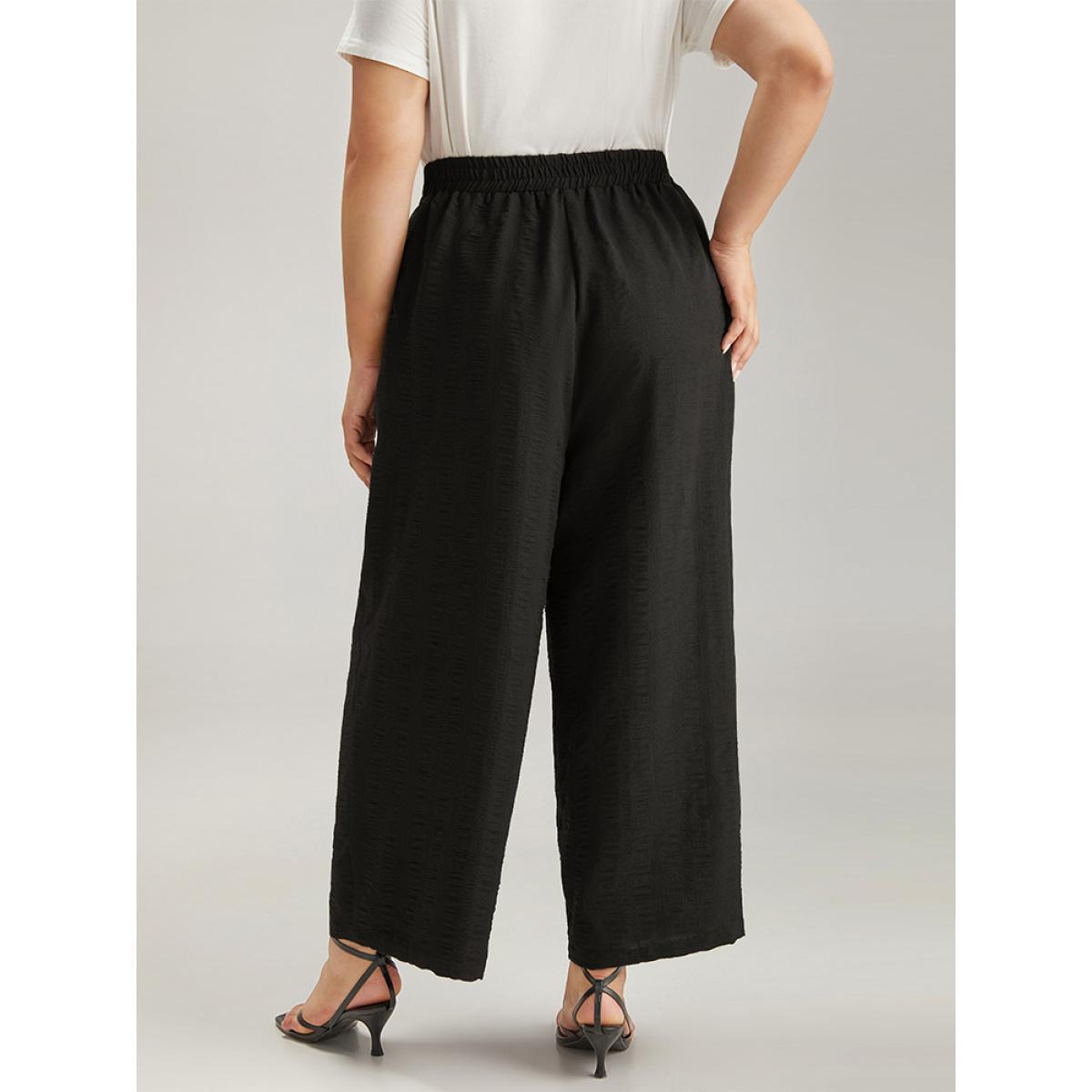Plus Size Plain Tassel Knot Pocket Elastic Waist Pants Women Black Vacation Straight Leg High Rise Dailywear Pants BloomChic 30/6X Product Image