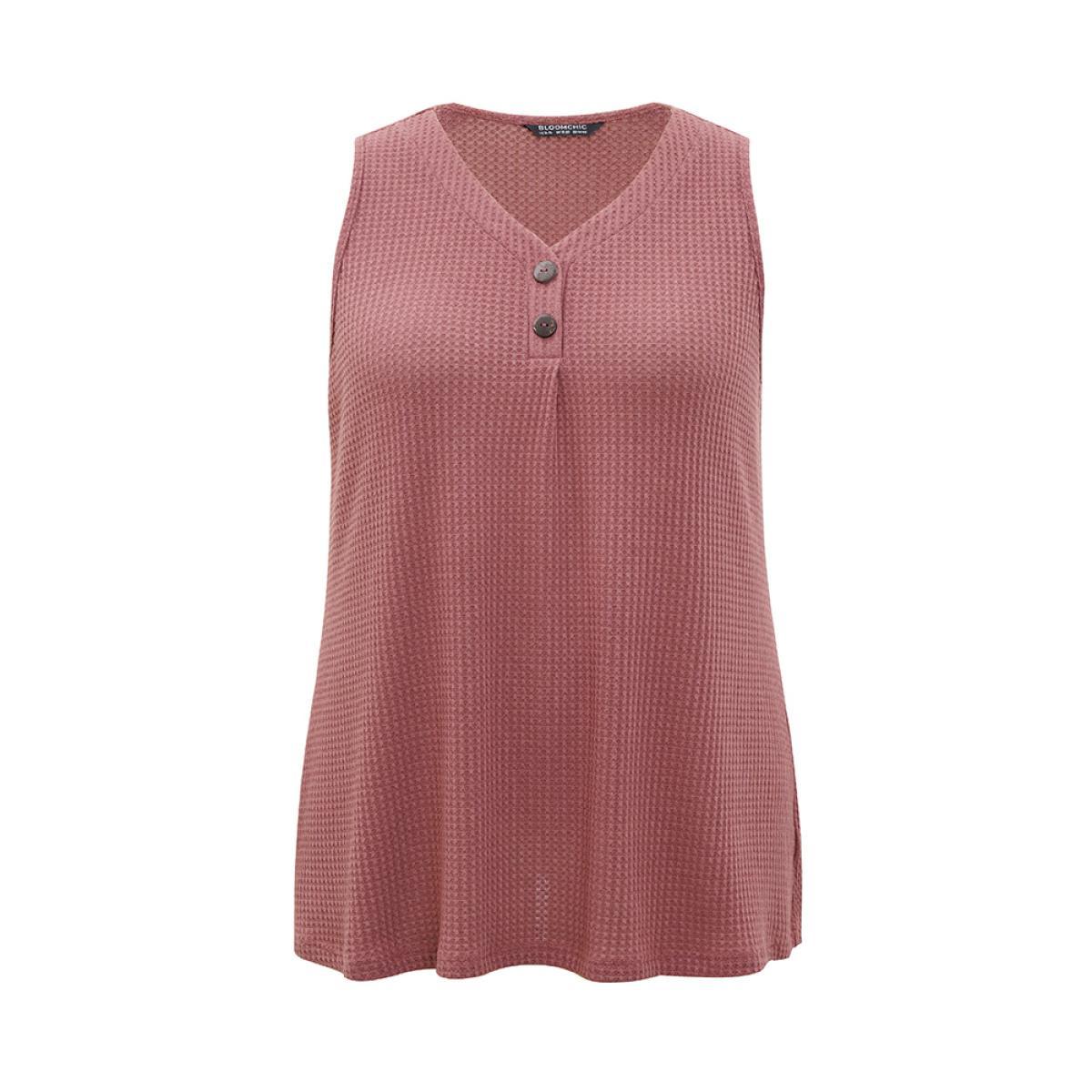 Plus Size Waffle Knit Button Detail Plicated Detail Tank Top Women DustyPink Casual V-neck Dailywear Tank Tops Camis BloomChic 10/M Product Image