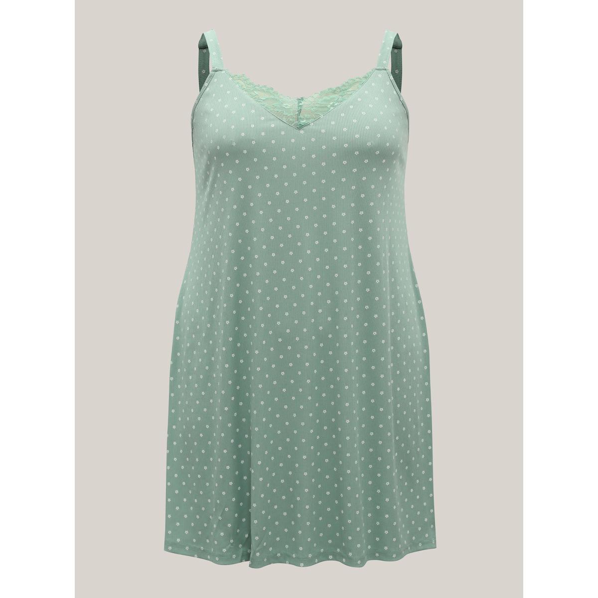 Plus Size Lace Neck Polka Dots Textured Loungewear Women Greenbean V-neck Loungewear BloomChic 26/4X Product Image