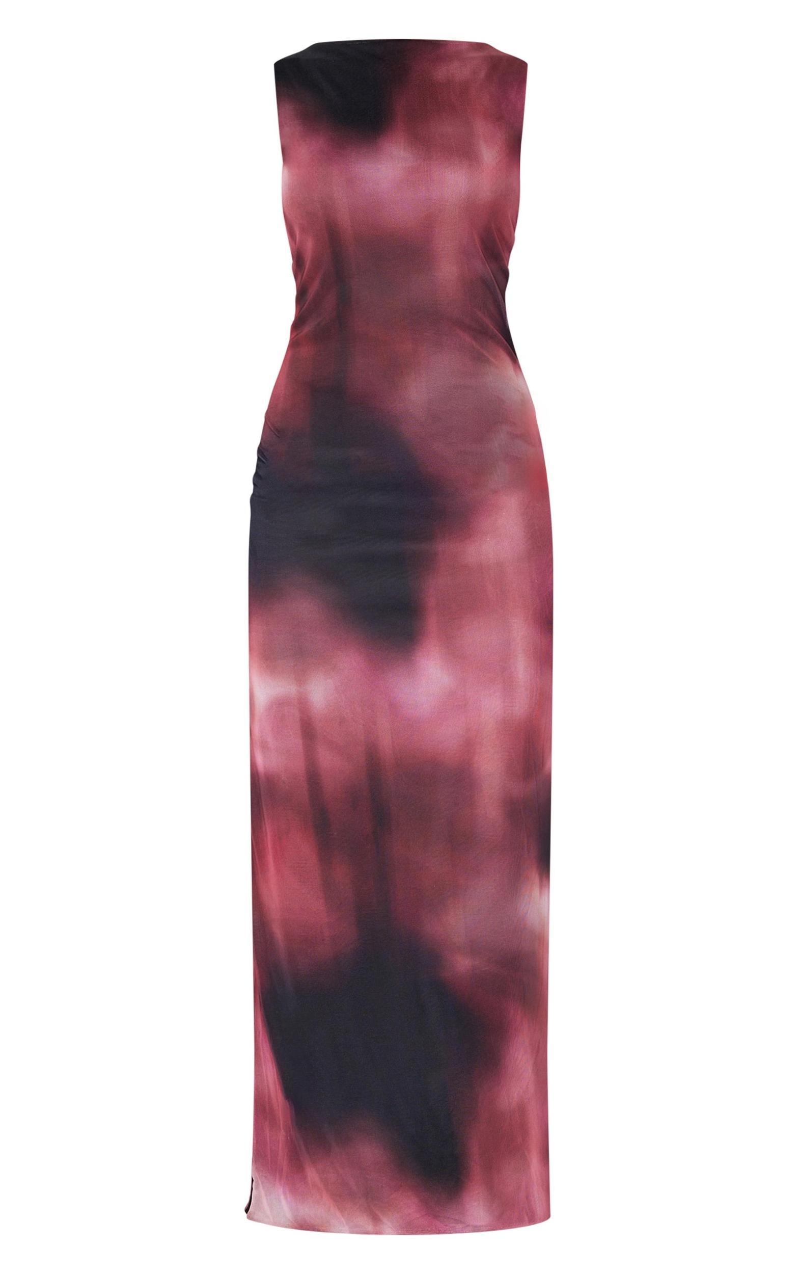 Pink Abstract Mesh Printed Racer Neck Maxi Dress Product Image