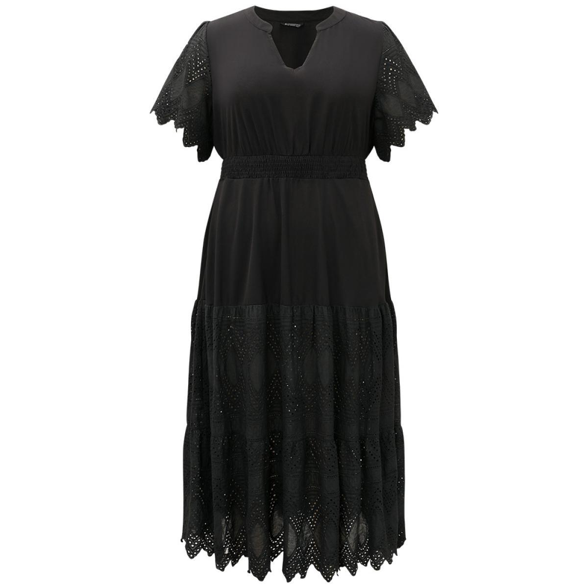 Plus Size Solid Laser Cut Pocket Notched Dress Black Women Elegant Plain Notched collar Short sleeve Curvy Midi Dress BloomChic 22-24/3X Product Image