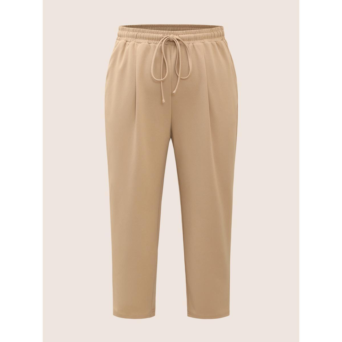 Plus Size Solid Drawstring Elastic Waist Pencil Pants Women Champagne Work From Home Mid Rise Work Pants BloomChic 18-20/2X Product Image